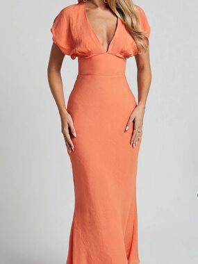 NWT Showpo V Neck Flutter Short Sleeve midi Slip Dress In Orange